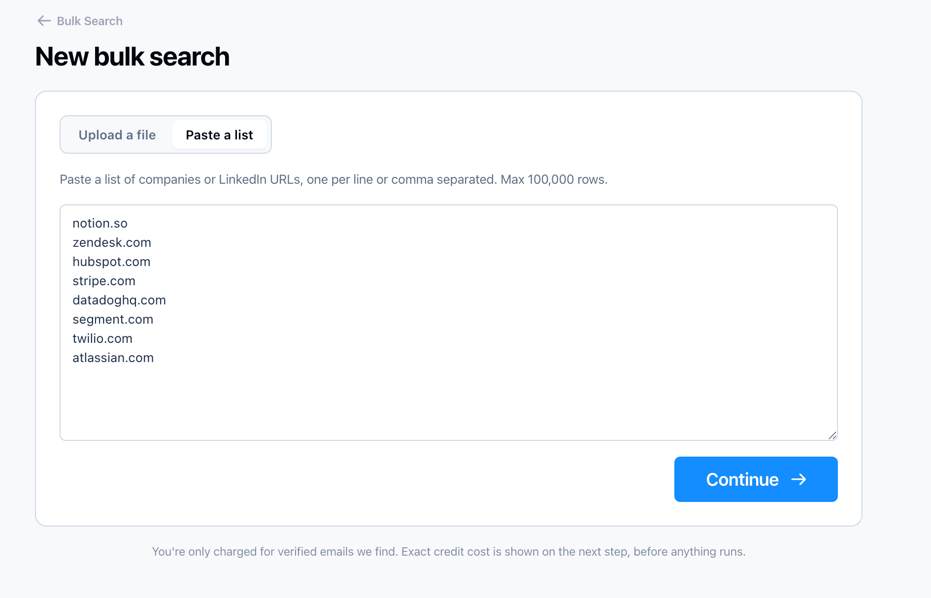 Anymail Finder's Bulk Search screen with a pasted list of company domains, ready to run
