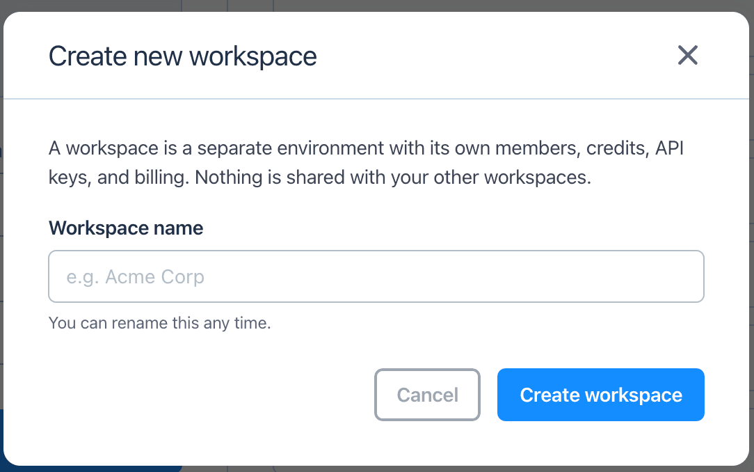 Anymail Finder's create new workspace dialog, describing a workspace as a separate environment with its own members, credits, API keys, and billing