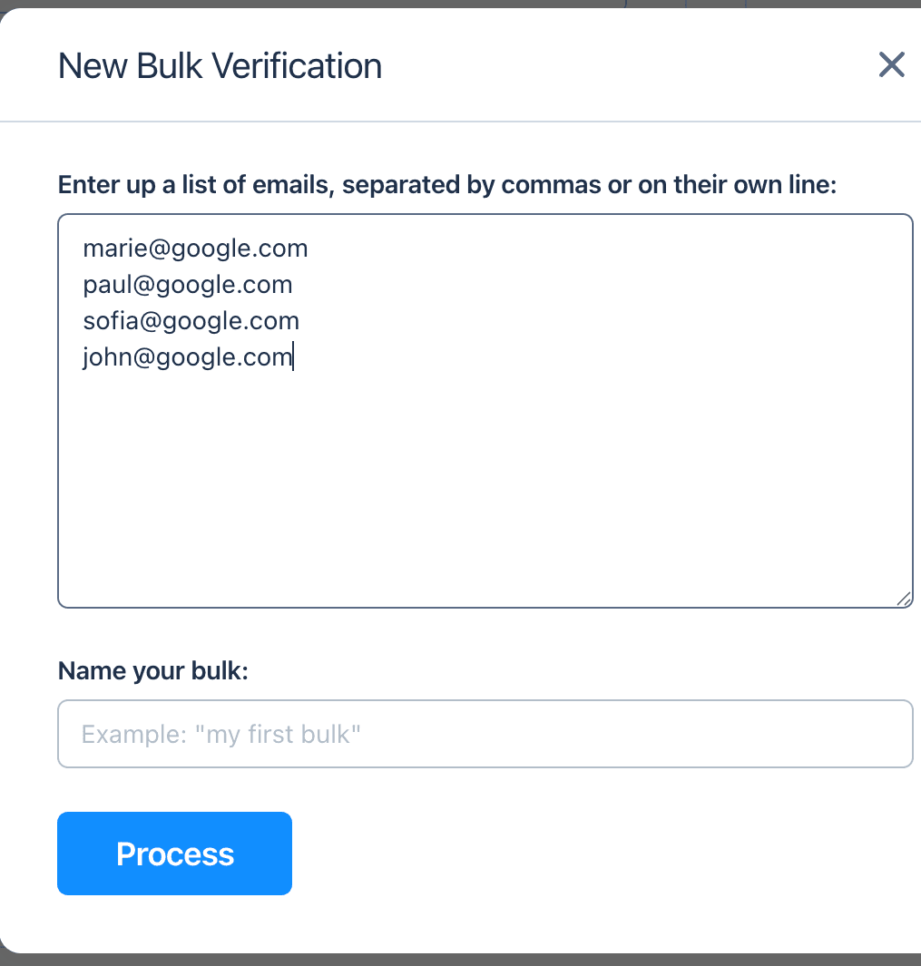 A bulk verification dialog with a pasted list of email addresses ready to process