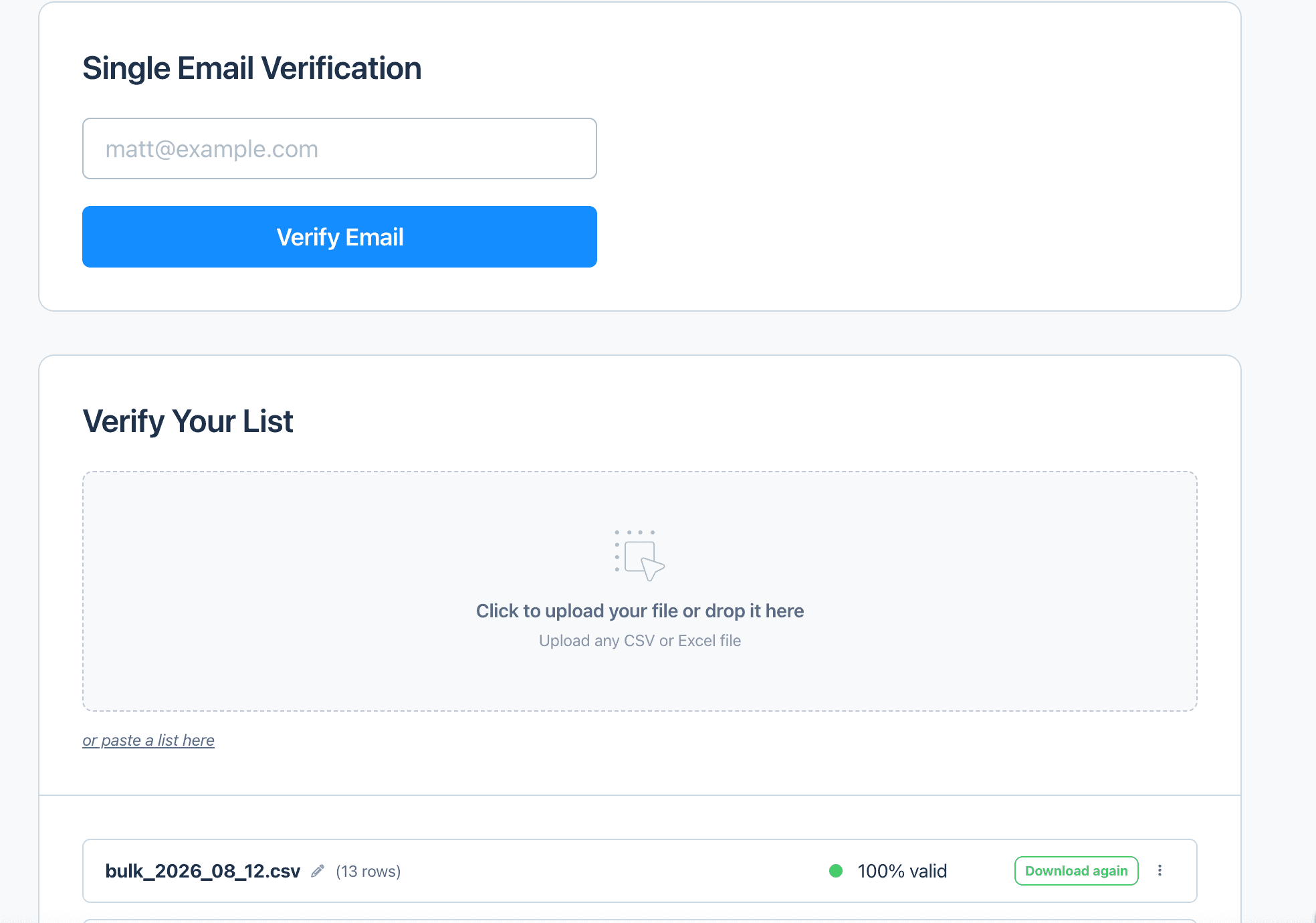 Anymail Finder's Verify screen, with single email verification above and the bulk list upload below it