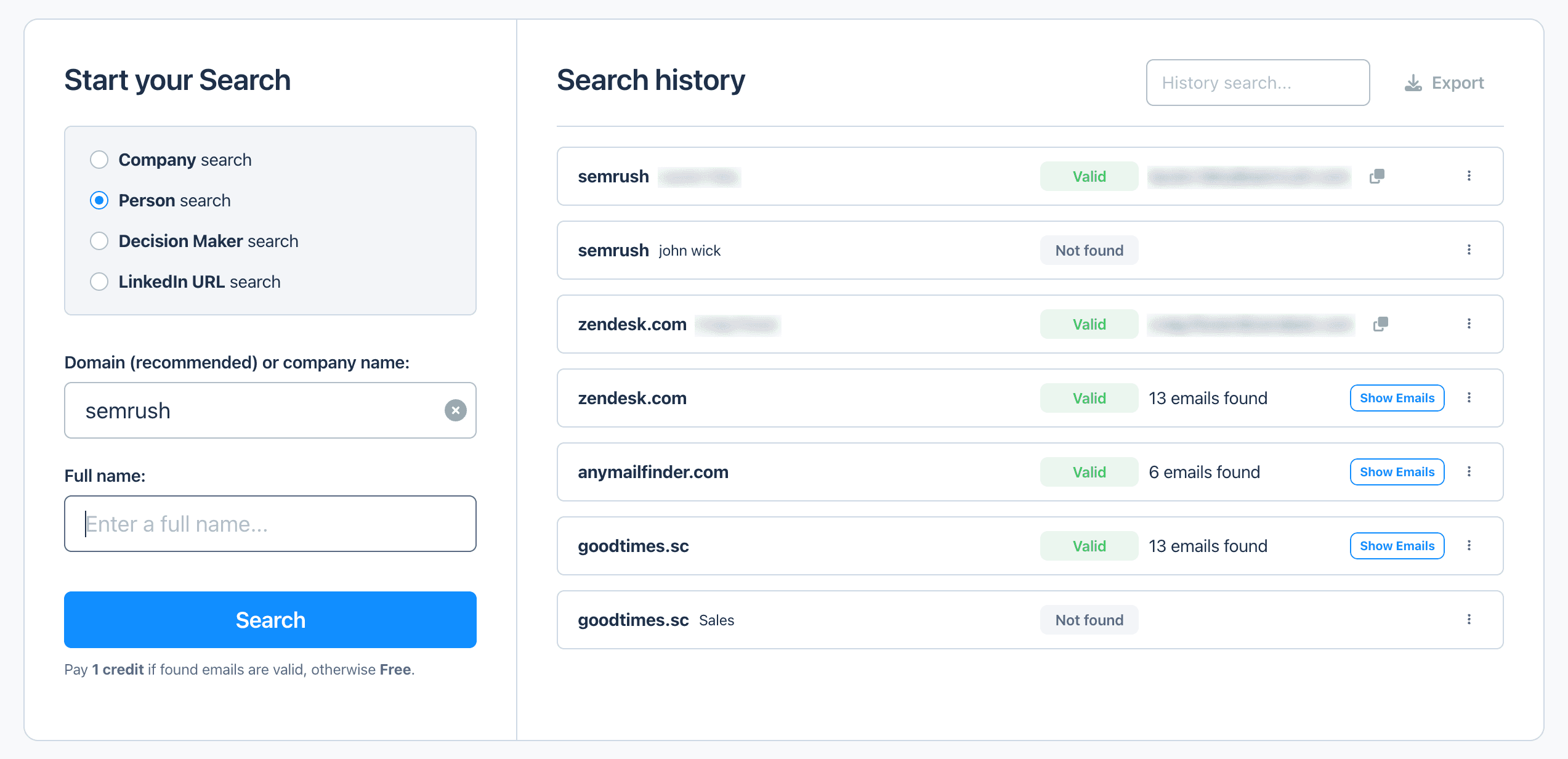 Anymail Finder's person search with the company name semrush entered instead of a domain, next to a history of past searches