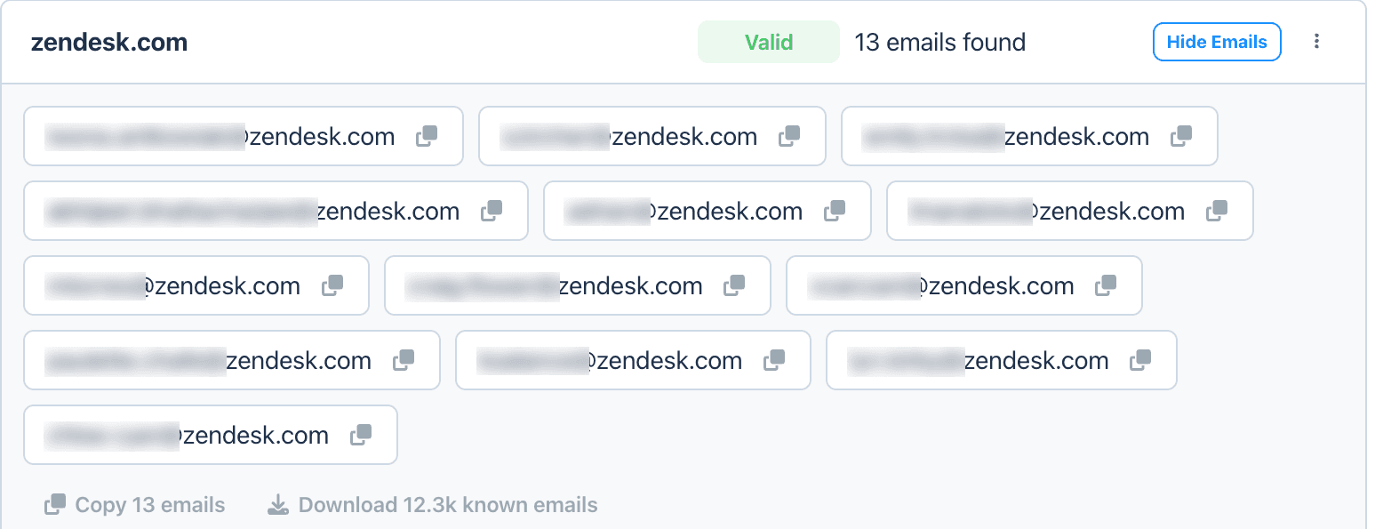 Domain search results for zendesk.com showing a list of verified work email addresses, names blurred for privacy