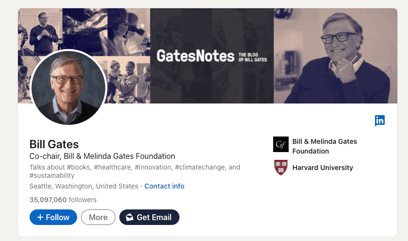 Bill Gates profile on Linkedin with "get email" amf button