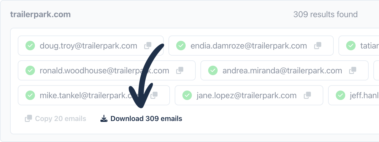 Example result of a bulk email search by name