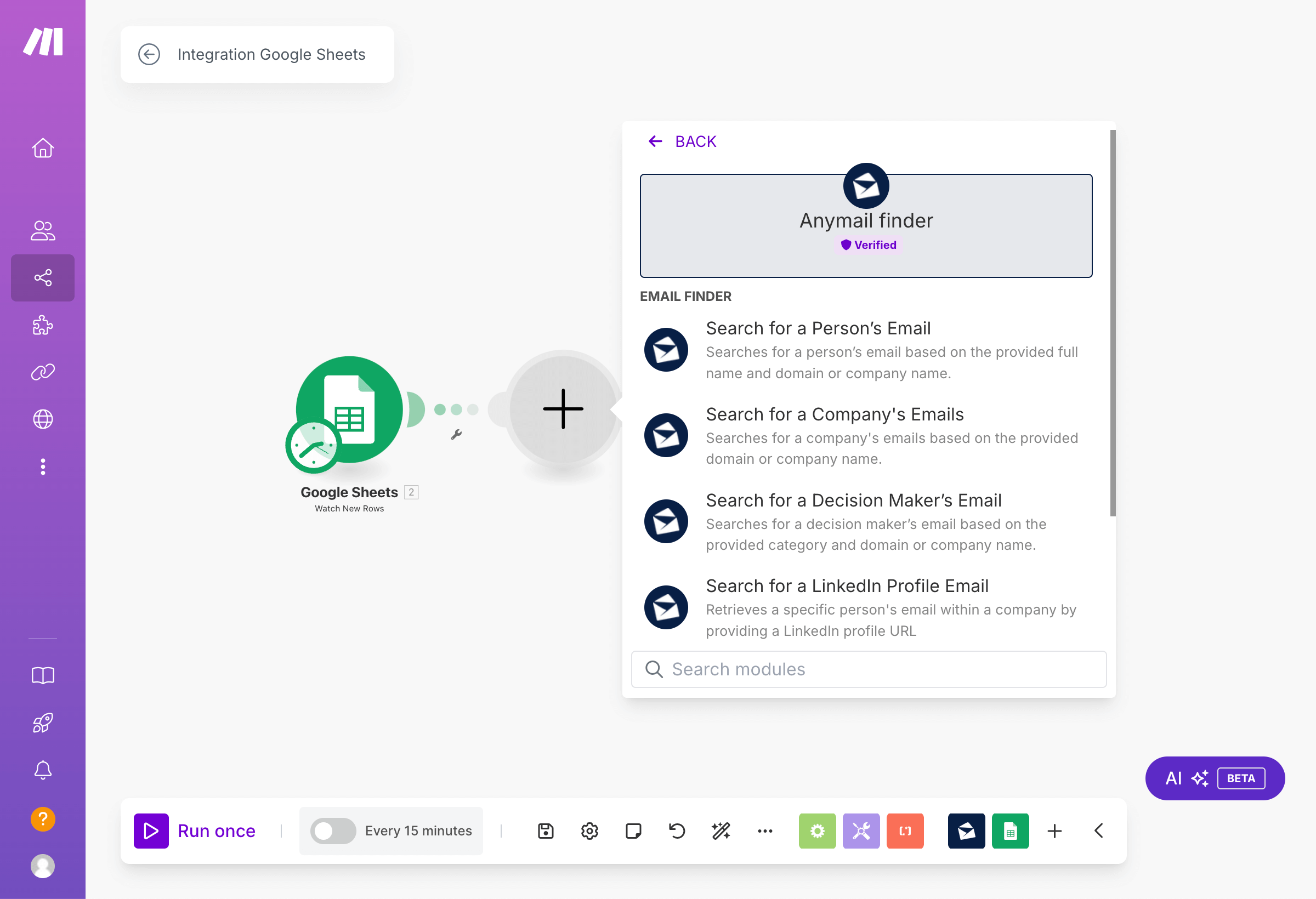 Make.com Anymail finder integration screenshot