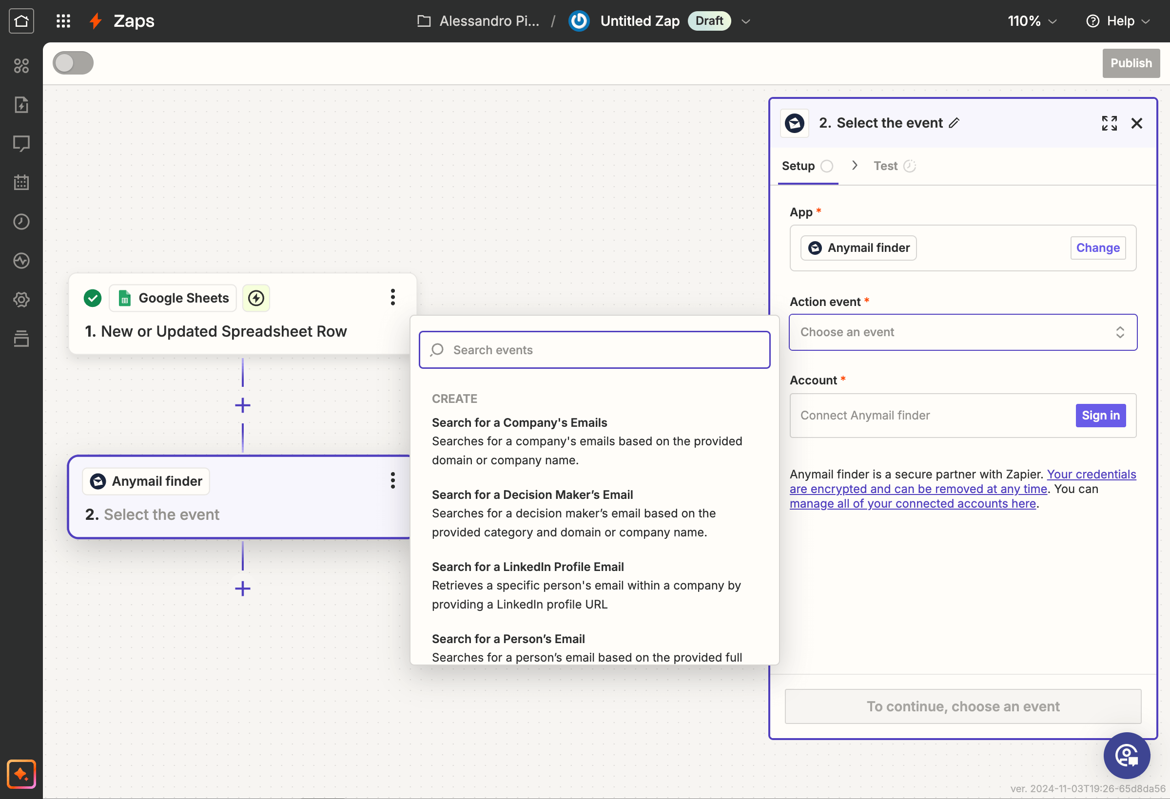 Zapier Anymail finder integration screenshot