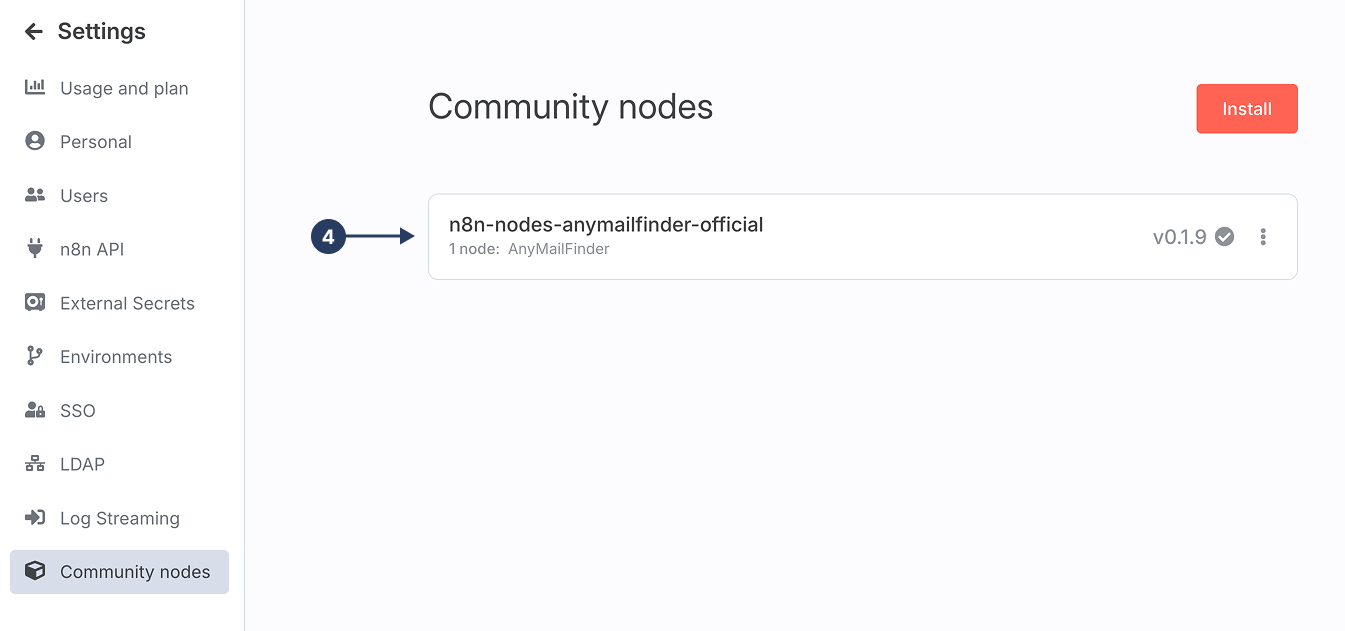 Anymail Finder node installed in n8n