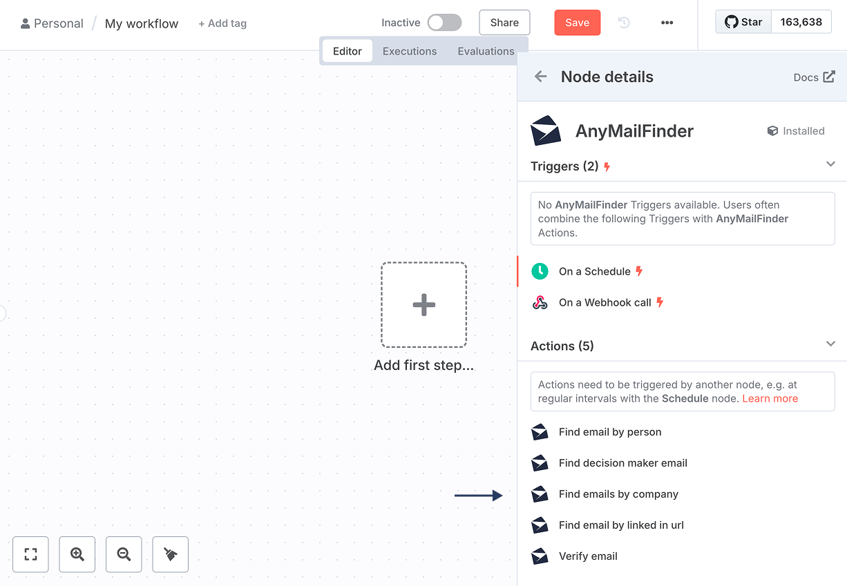 Anymail Finder node added to workflow