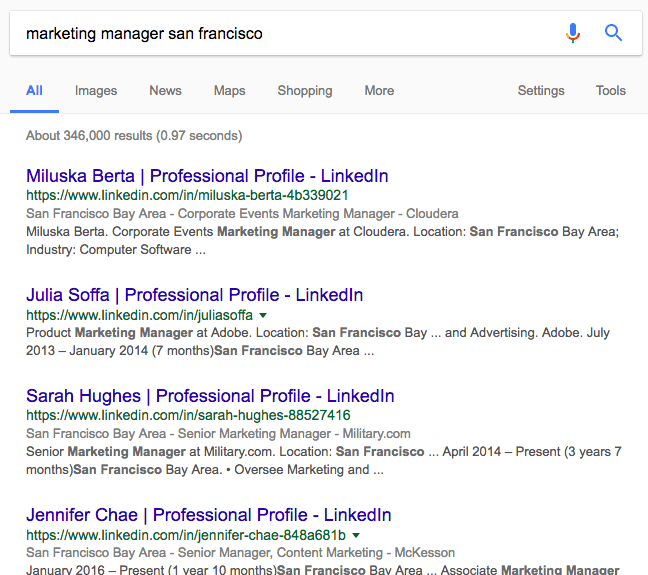 Google search of "marketing manager san francisco"