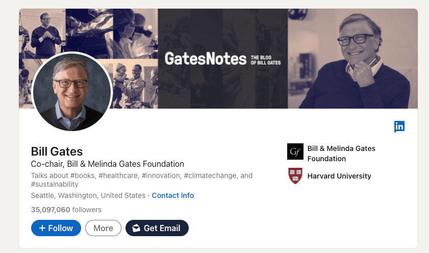 Bill Gates profile on Linkedin with "get email" amf button